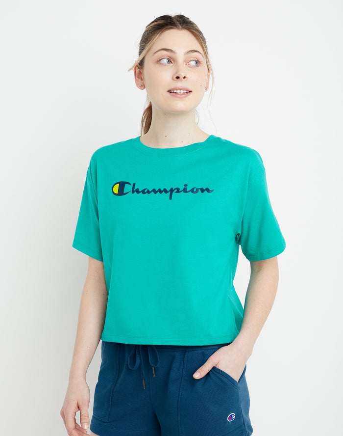 Champion T-Shirt Dames - Turquoise - Cropped Script Logo ( 158963-XUY )